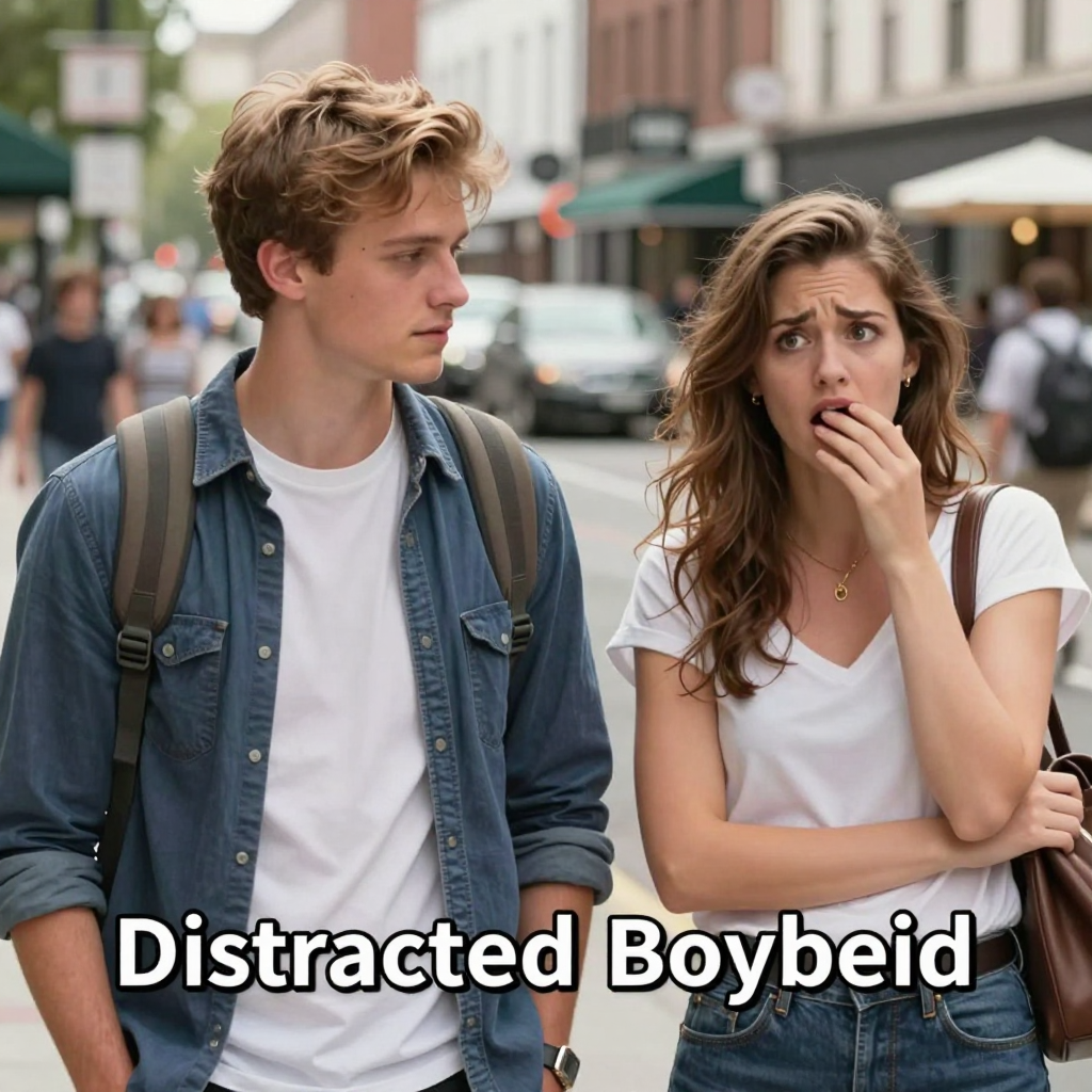 What meme features a distracted boyfriend looking at another woman while his girlfriend looks on disapprovingly?